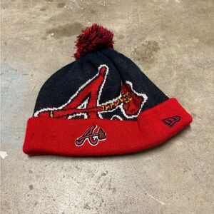 VTG New Era Atlanta Braves Staple Beanie Pom Pom Beanie Navy And Red Y2K  MLB